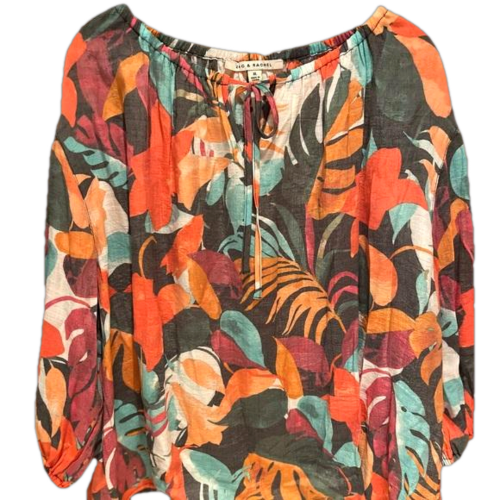 Zac & Rachel Multicolor Tropical Leaf Print Peasant Blouse Size XL